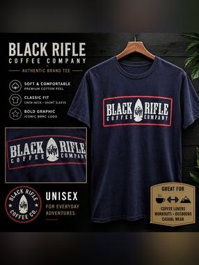 Black Rifle Coffee Company Graphic Tee Navy Blue Logo Unisex Casual Streetwear